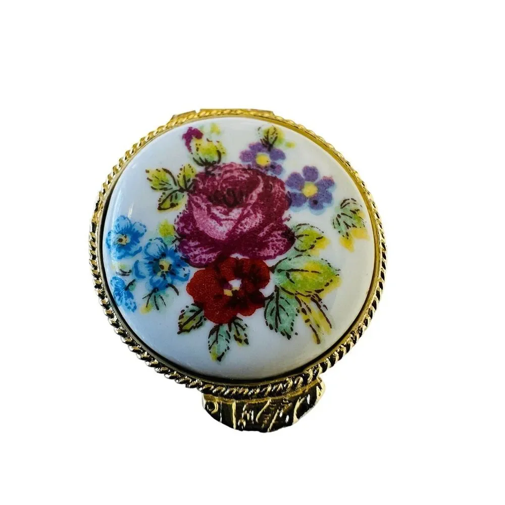 Vintage Floral Top Miniature Round Pill Box Trinket Box Stamped Italy Gold Tone